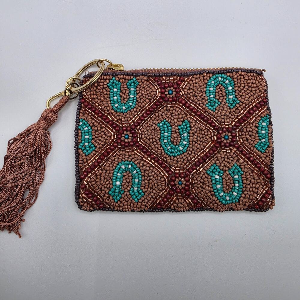 Anthropologie Beaded Coin Purse Keychain Tassel Boho Brown Turquoise Zip Pouch